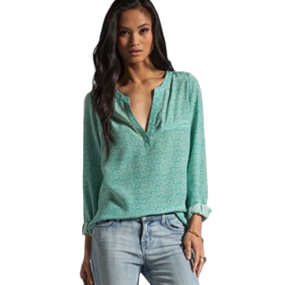 Joie Revolve‎ SILK Marsher Textural Print Blouse in Juniper Blue Green Sm